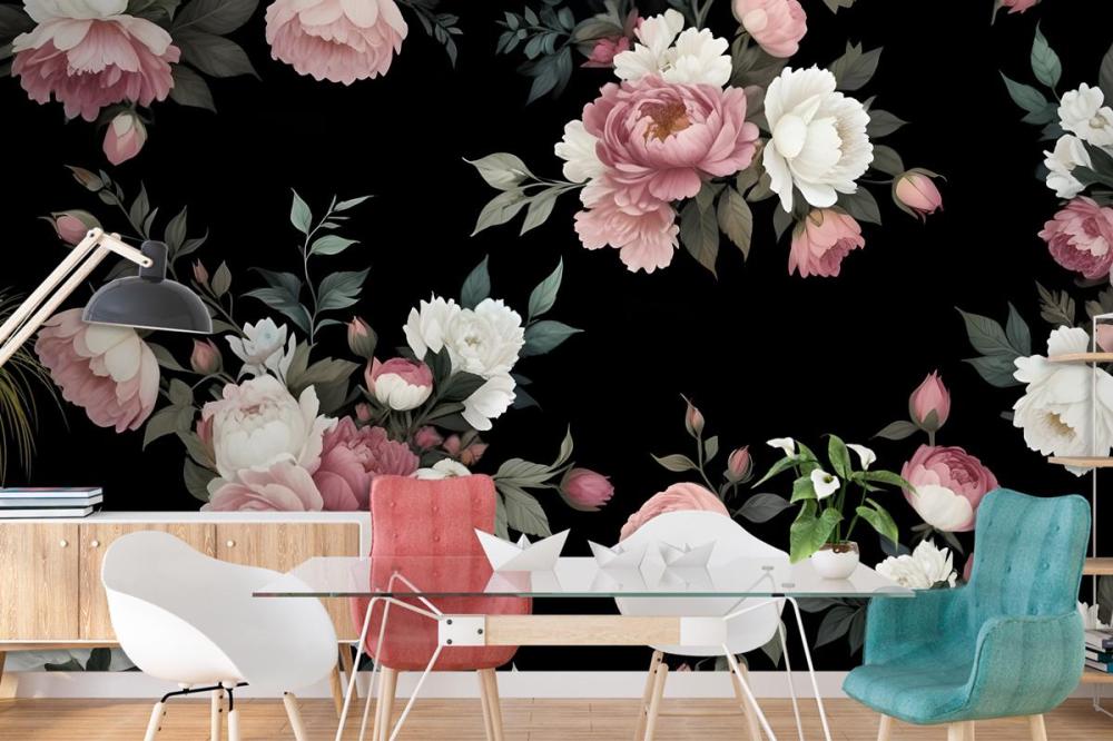 Dark Background Large Pink White Roses Peonies Other Flowers Wallpaper Mural
