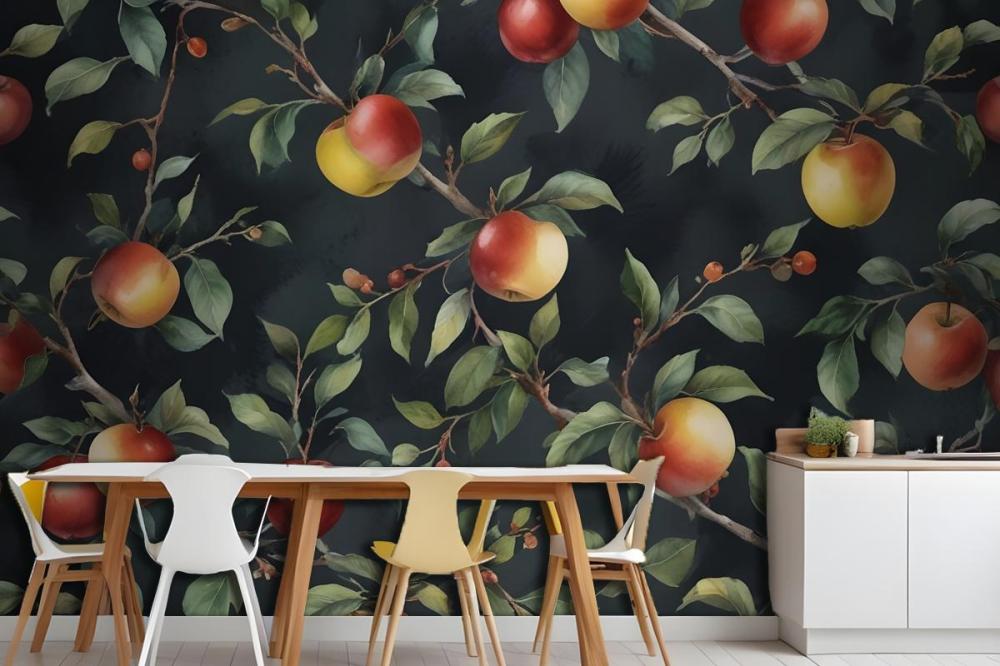 Dark Green And Navy Vintage Botanical Fruit Repeat Pattern Wallpaper