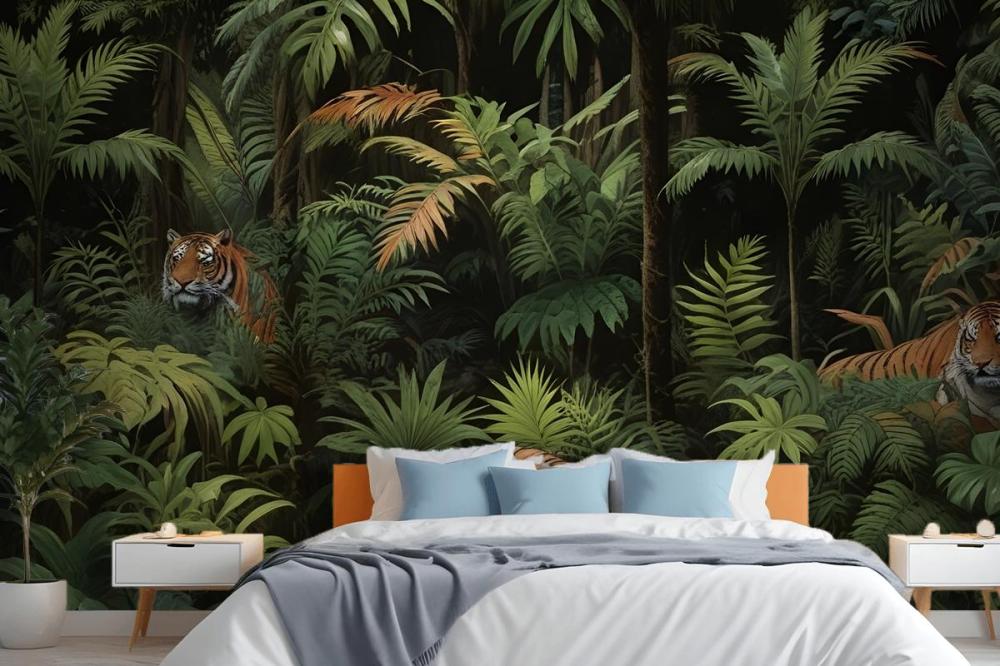 Dark Tropical Trees With Leopards Wallpaper Mural