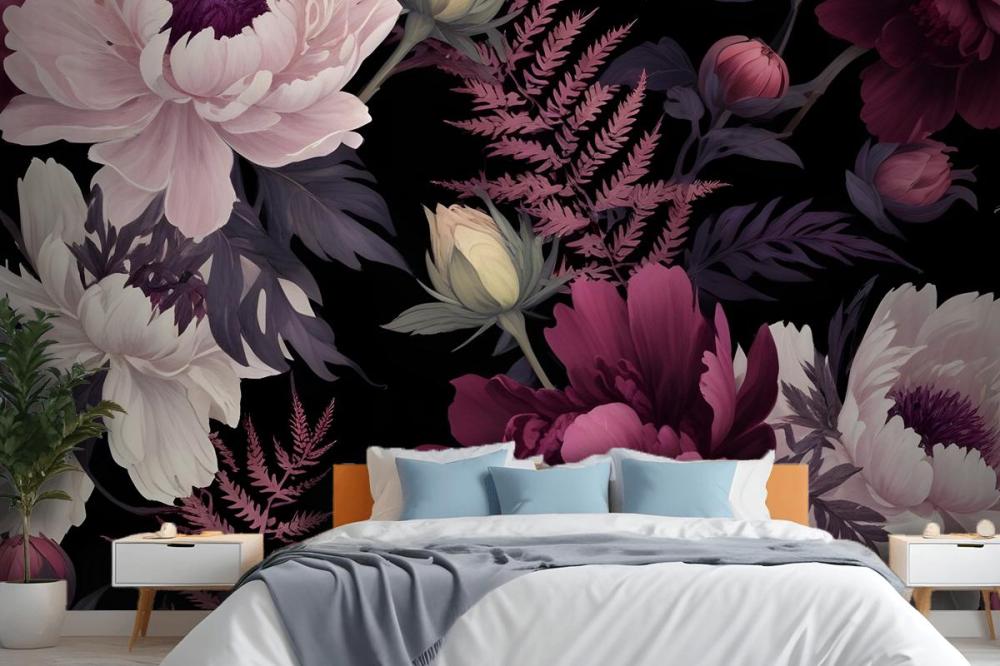 Dark Watercolor Colorful Peony Floral Wallpaper Mural