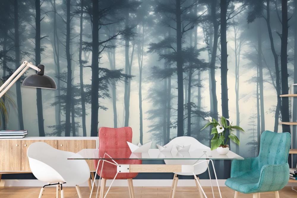 Dense Misty Forest With Tall Slender Trees And A Foggy Atmosphere Wallpaper Mural