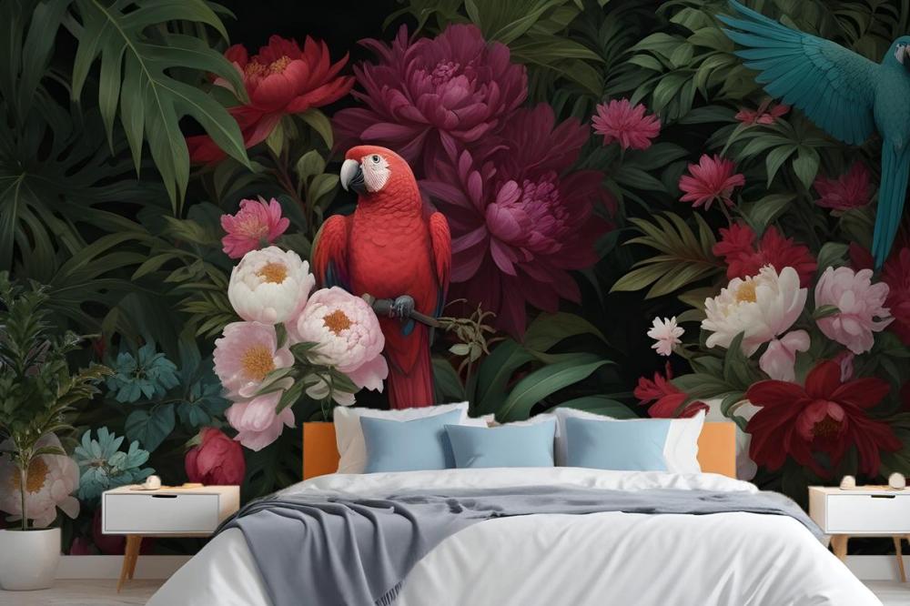 Digital Painting A Vibrant Tropical Floral Arrange Wallpaper Mural