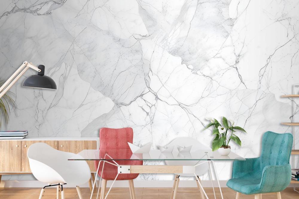Elegant White Marble Texture With Intricate Gray Veining Wallpaper Mural