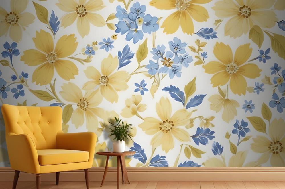 Floral Pattern With Large Yellow Flowers And Smaller Blue Flowers On A White Wallpaper Mural