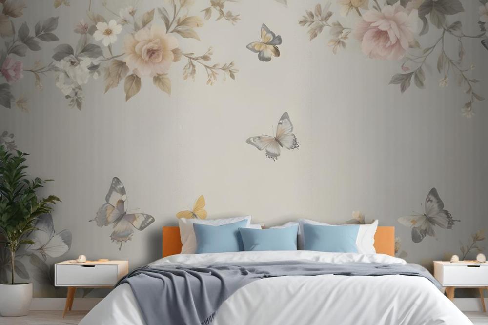 Floral Wallpaper Pattern With Delicate Butterflies Mural