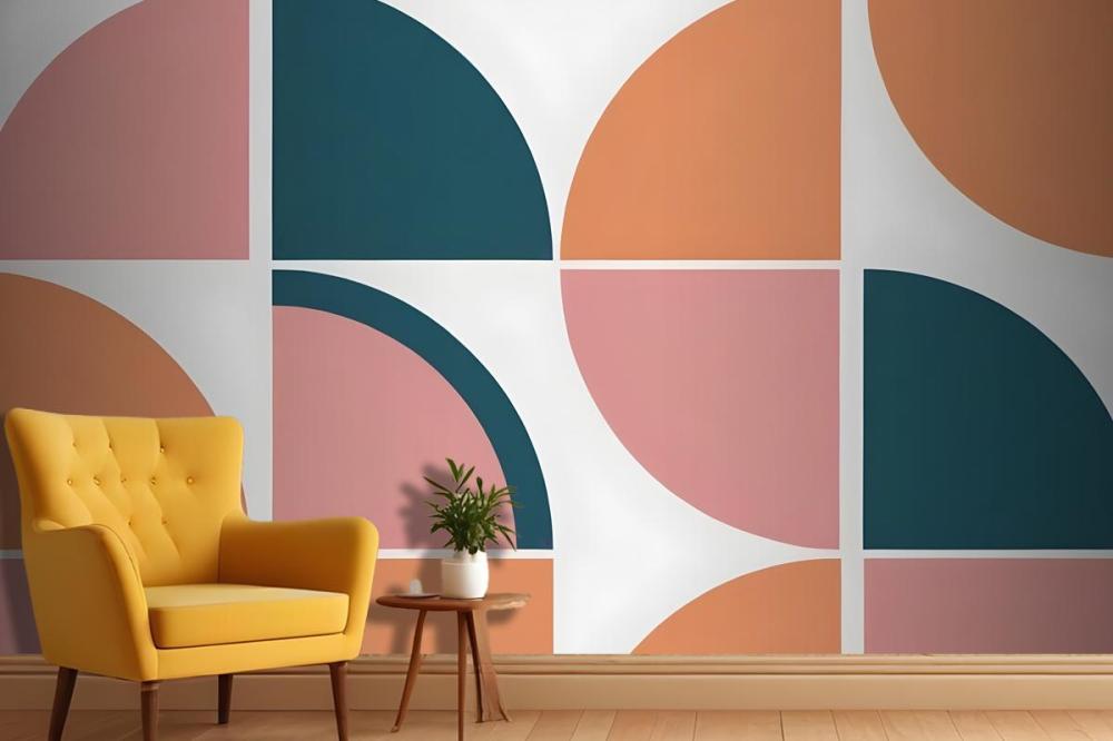 Geometric Abstract Pattern With Various Shapes And Colors Including Teal Peach And Pink Wallpaper Mural