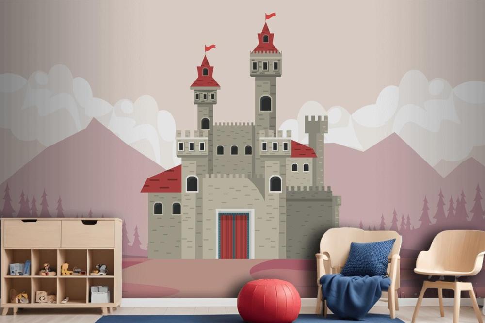 Gray Castle In Pink Landscape Scene Wallpaper Mural