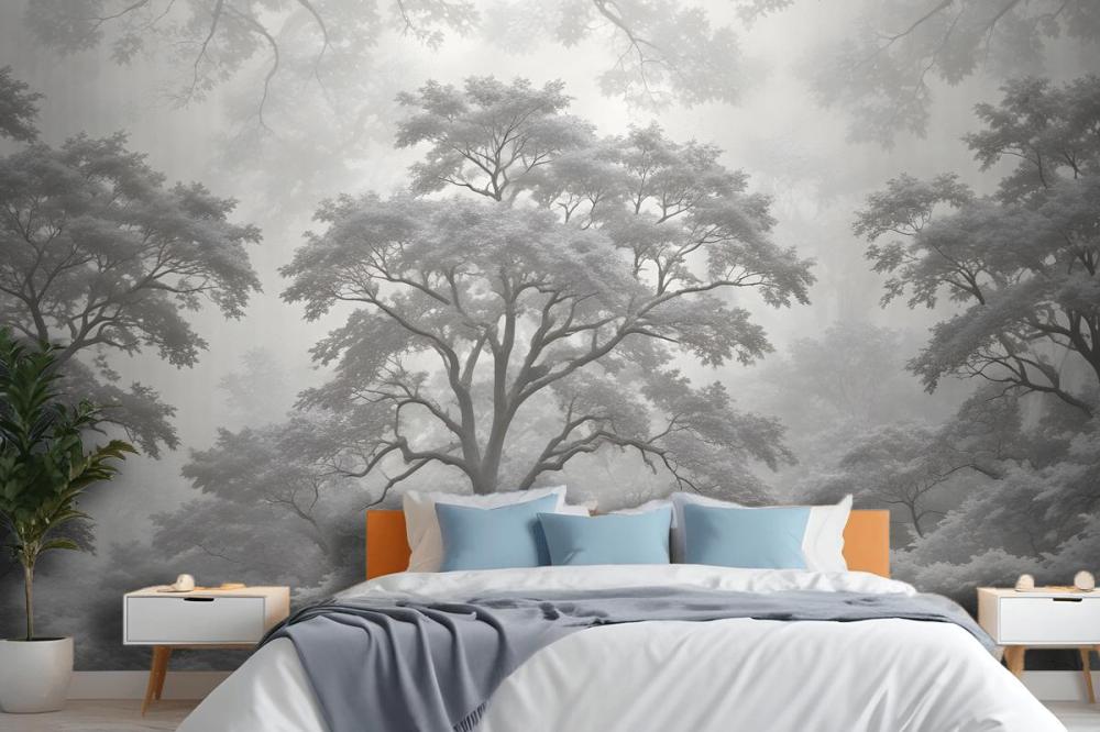 Gray Forest Illustration Etching Wallpaper Mural