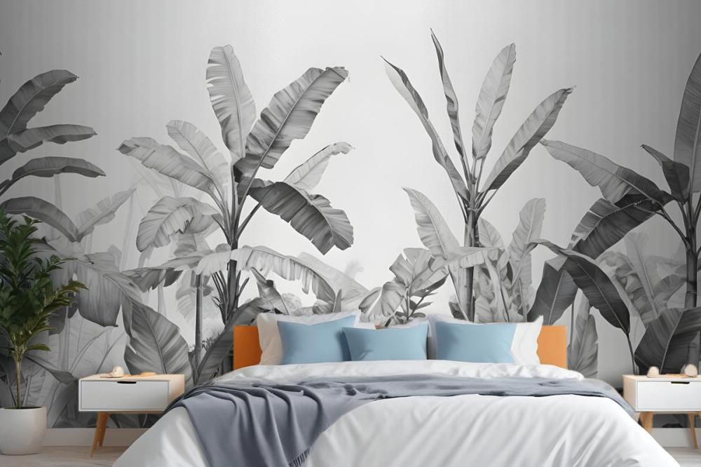 Grayscale Vintage Tropical Plants Wallpaper Mural