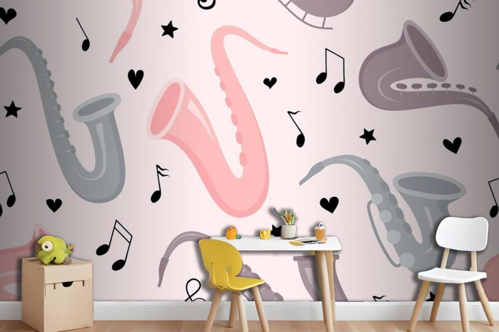 Hand Drawn Saxophone Seamless Pattern Wallpaper Mural