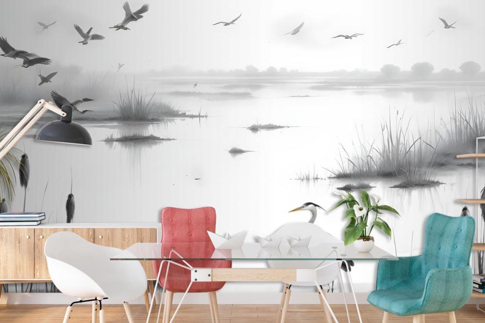 Heron Sketch In Misty Wetlands With Flying Birds Wallpaper Mural