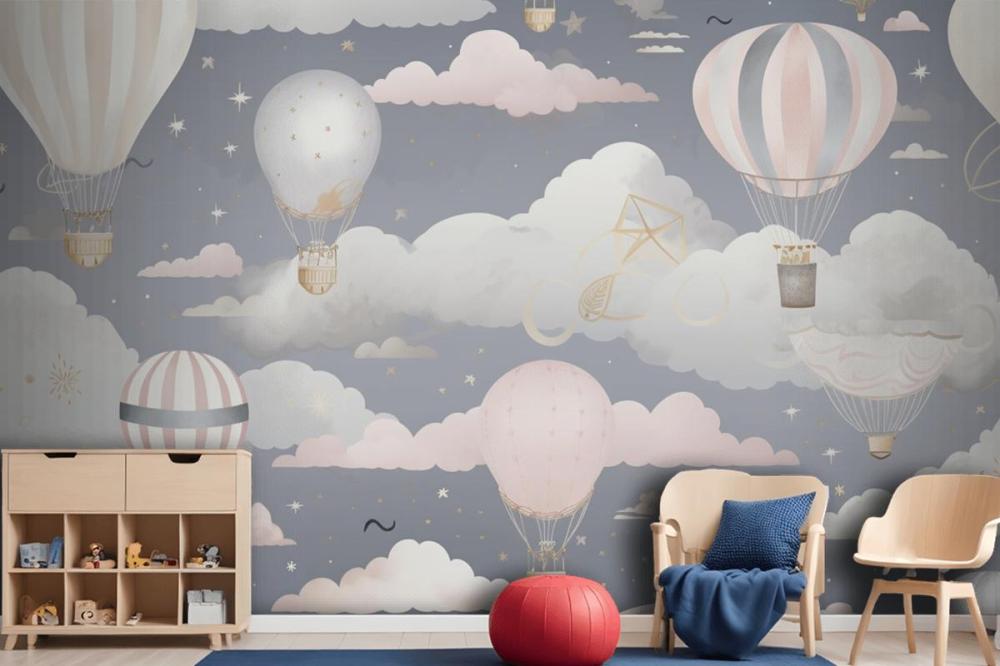 Hot Air Balloons Flying In The Sky With Clouds Wallpaper Mural