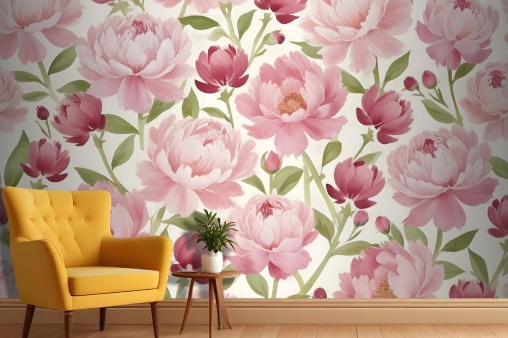 Large Pink Peony Flowers With Green Leaves On A Light Wallpaper Mural