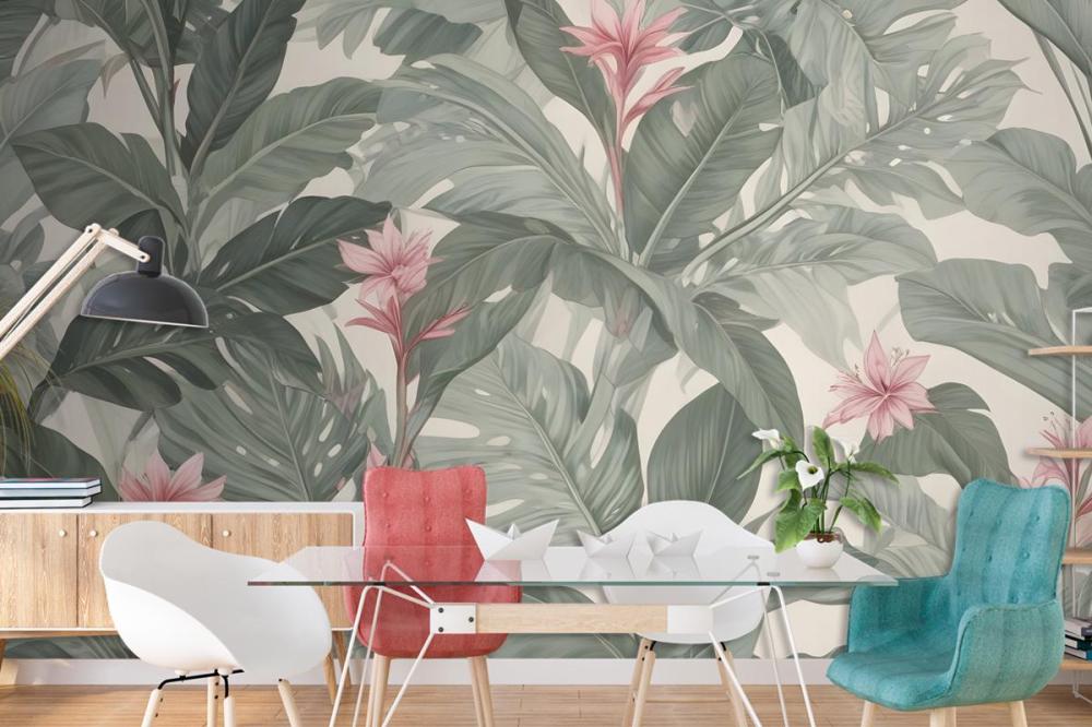 Light Background Large Green Leaves Pink Flowers Tropical Foliage Pattern Wallpaper Mural