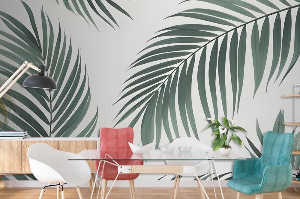 Light Background Palm Leaves Various Shades Green Wallpaper Mural