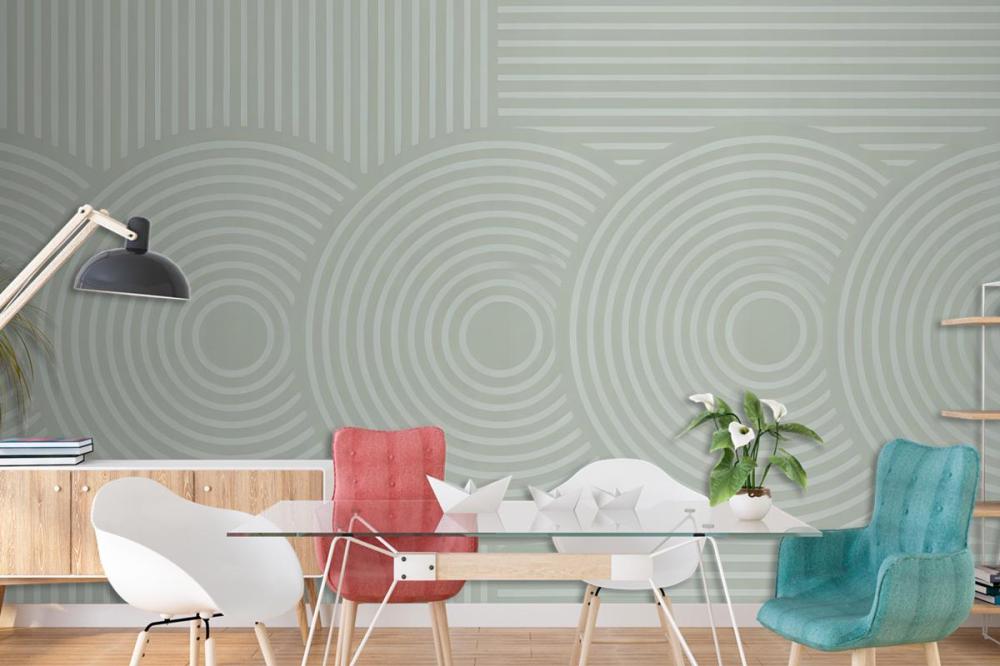 Light Green Background Concentric Circles Vertical Lines Wallpaper Mural