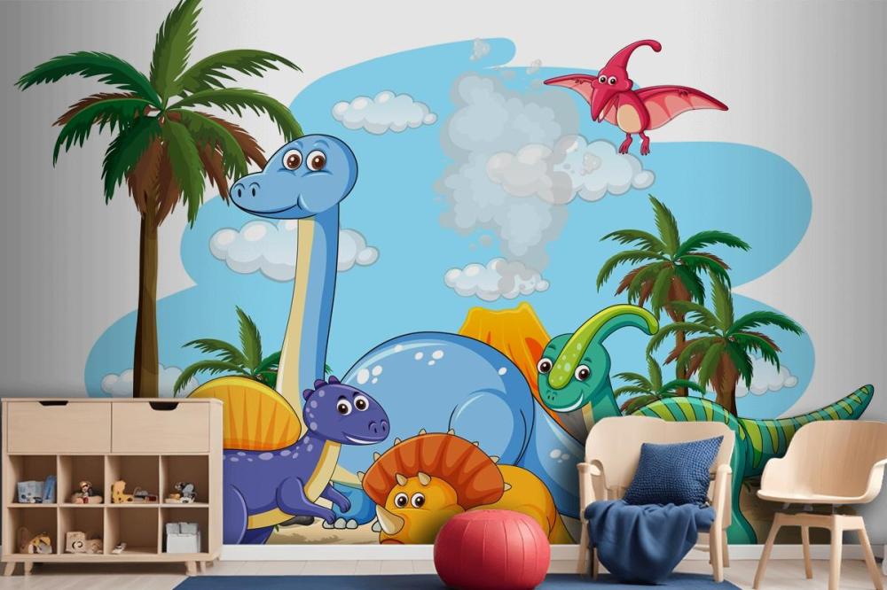 Many Cute Dinosaurs Character In Prehistoric Land Isolated Wallpaper Mural