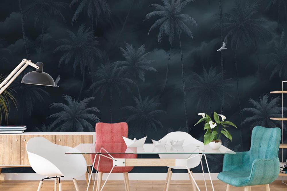 Moody Stormy Sky Dark Tropical Palm Trees Silhouettes Birds Wallpaper Mural