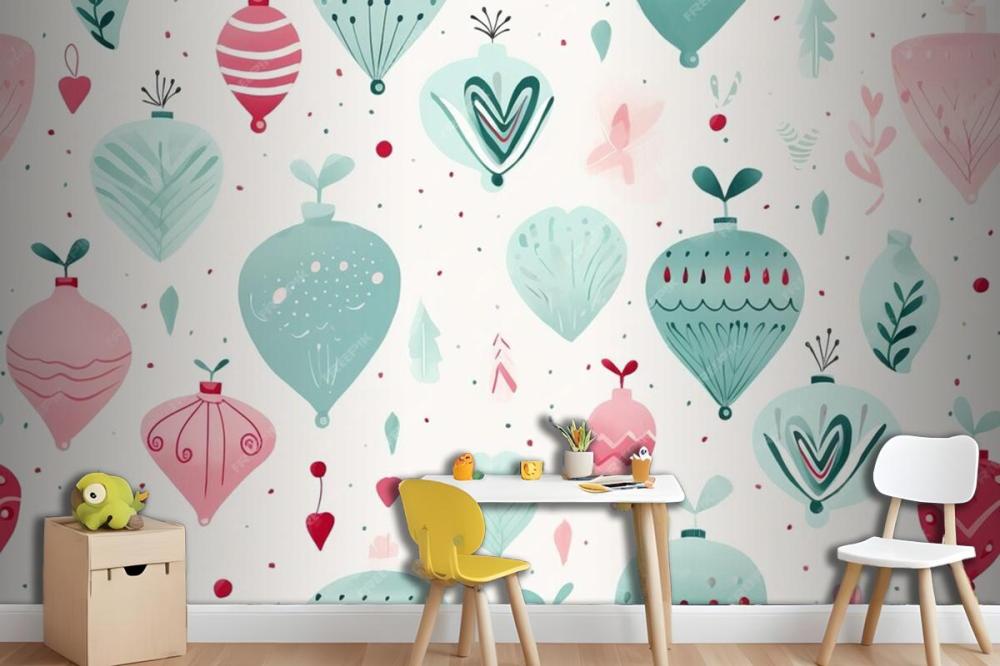 Colorful Christmas Seamless Pattern With Tree And Baubles Modern Vibrant Endless Wallpaper Mural