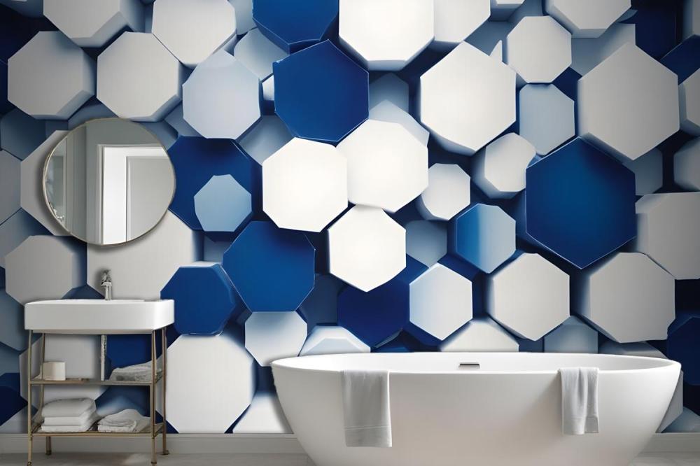 Overlapping Hexagon In Shades Of Blue And White Wallpaper Mural
