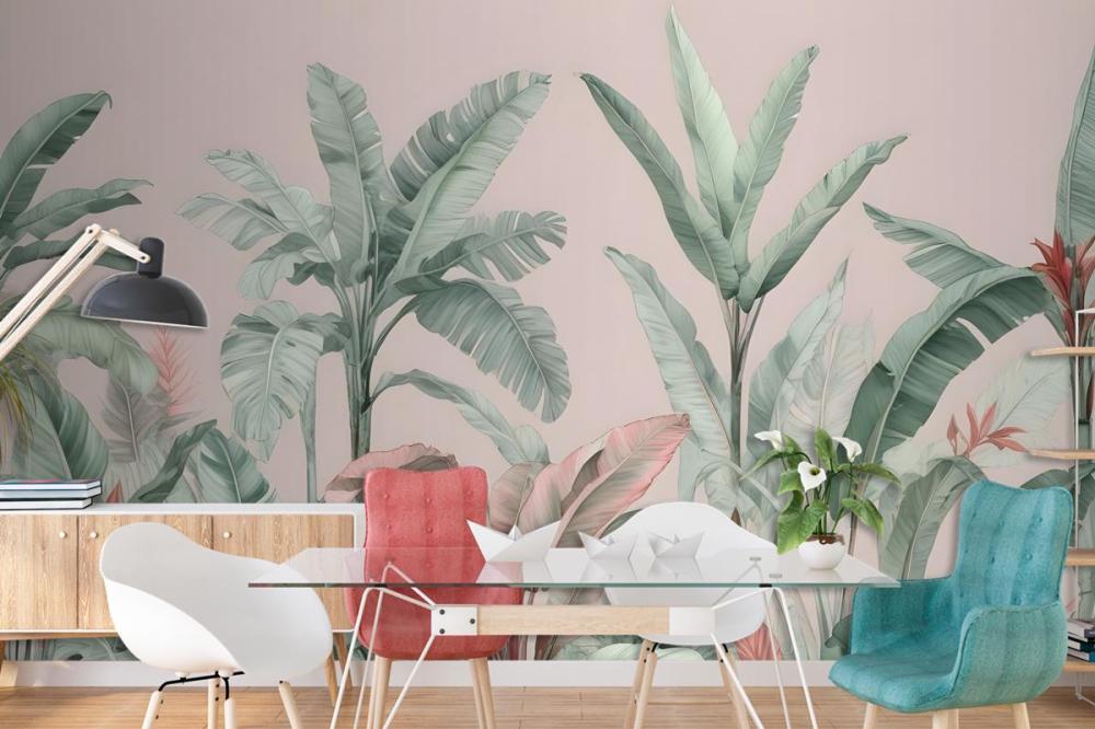 Pastel Pink & Green Vintage Tropical Wallpaper Mural