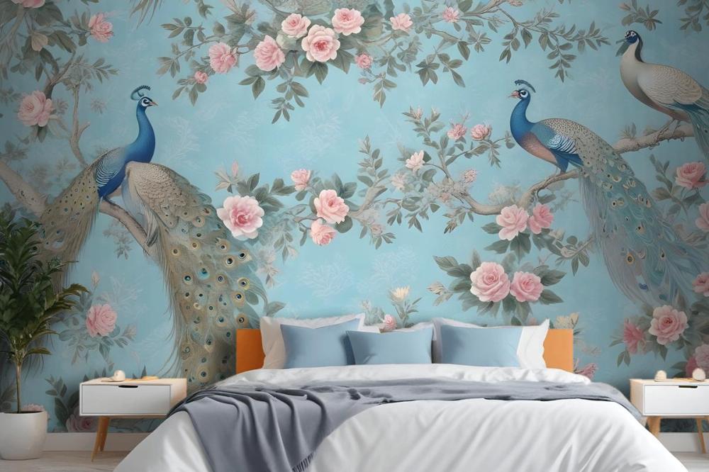 Peacock With Peony Blossom Wallpaper Mural