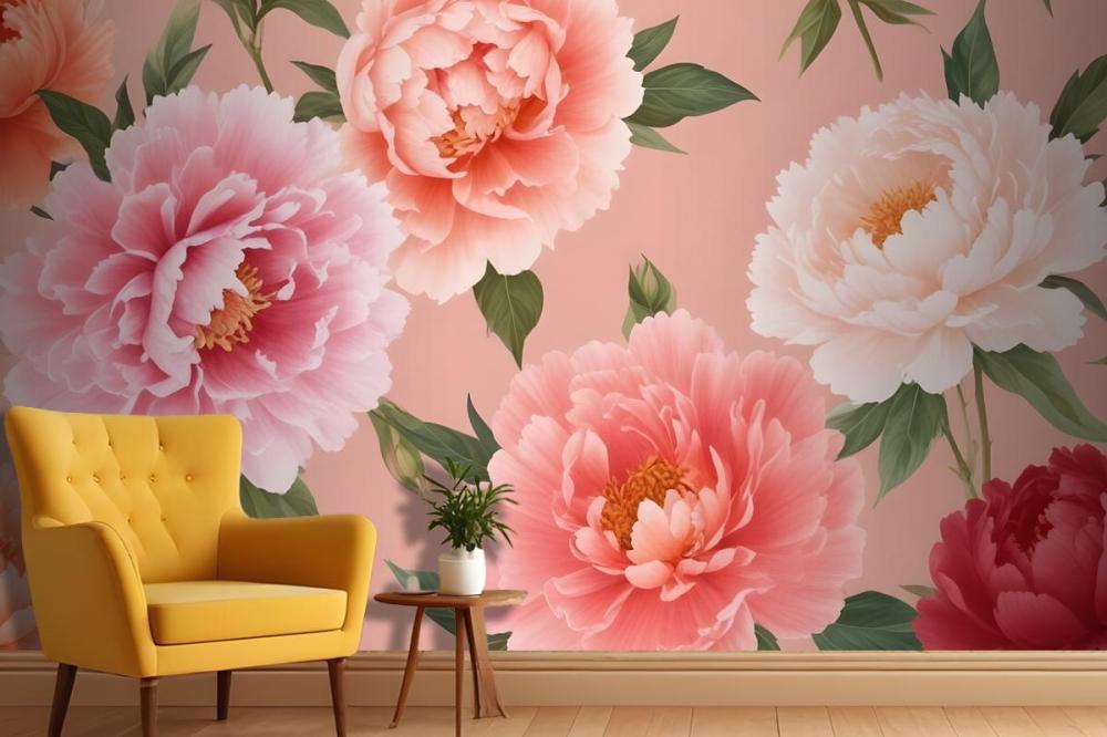 Pink And Peach Peonies With Green Leaves On A Light Pink Wallpaper Mural