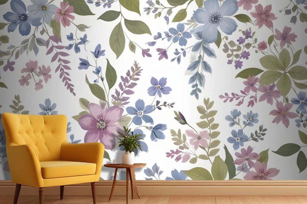 Purple And Blue Watercolor Flower Wallpaper Mural