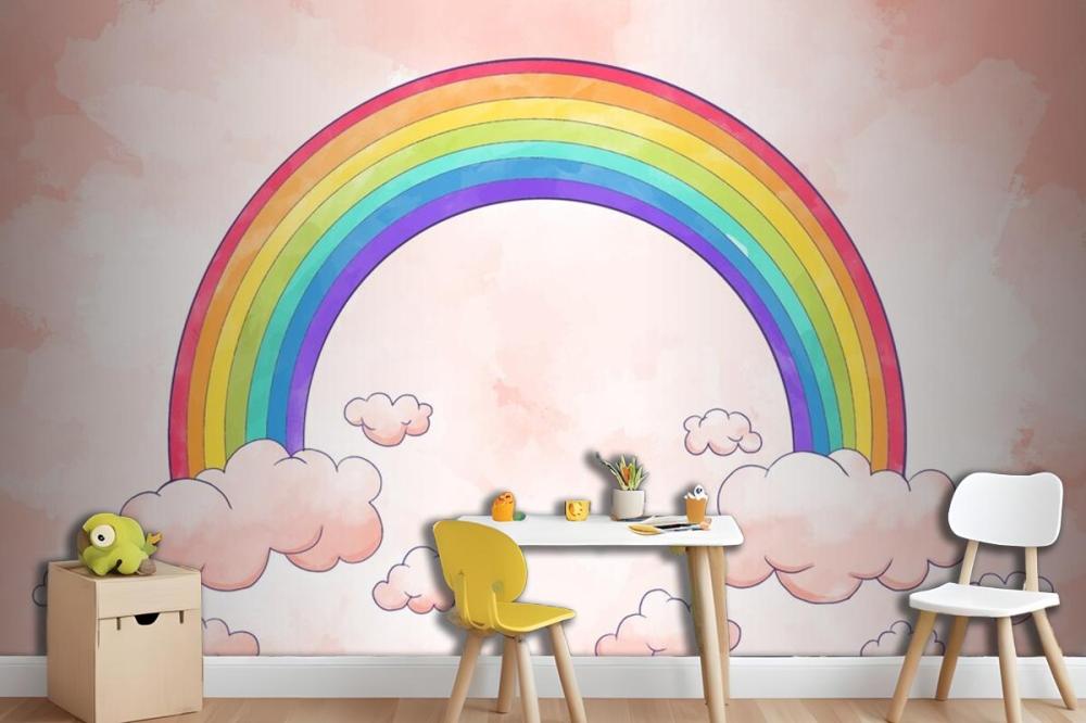 Rainbow With Clouds Watercolor Style Wallpaper Mural