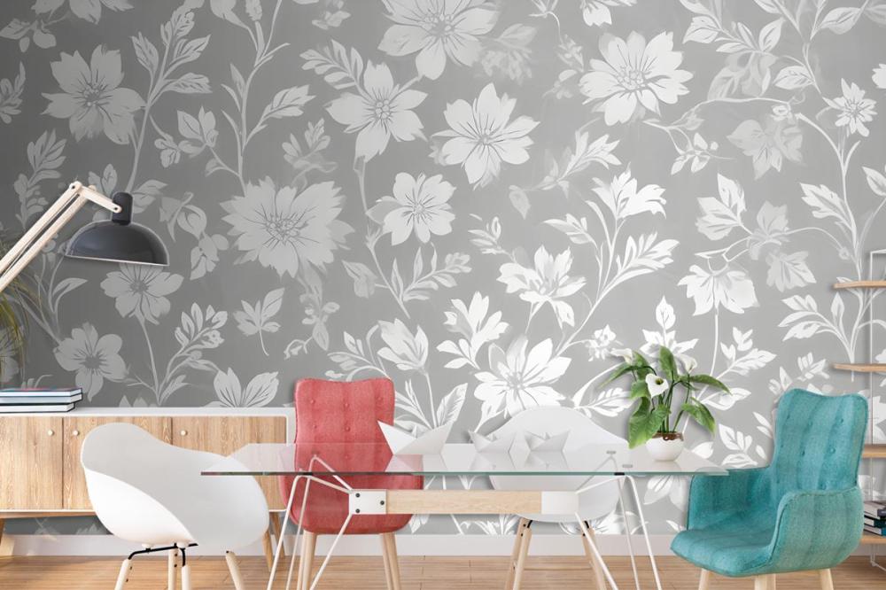 Seamless Pattern Of White Floral Silhouettes On A Light Gray Wallpaper Mural