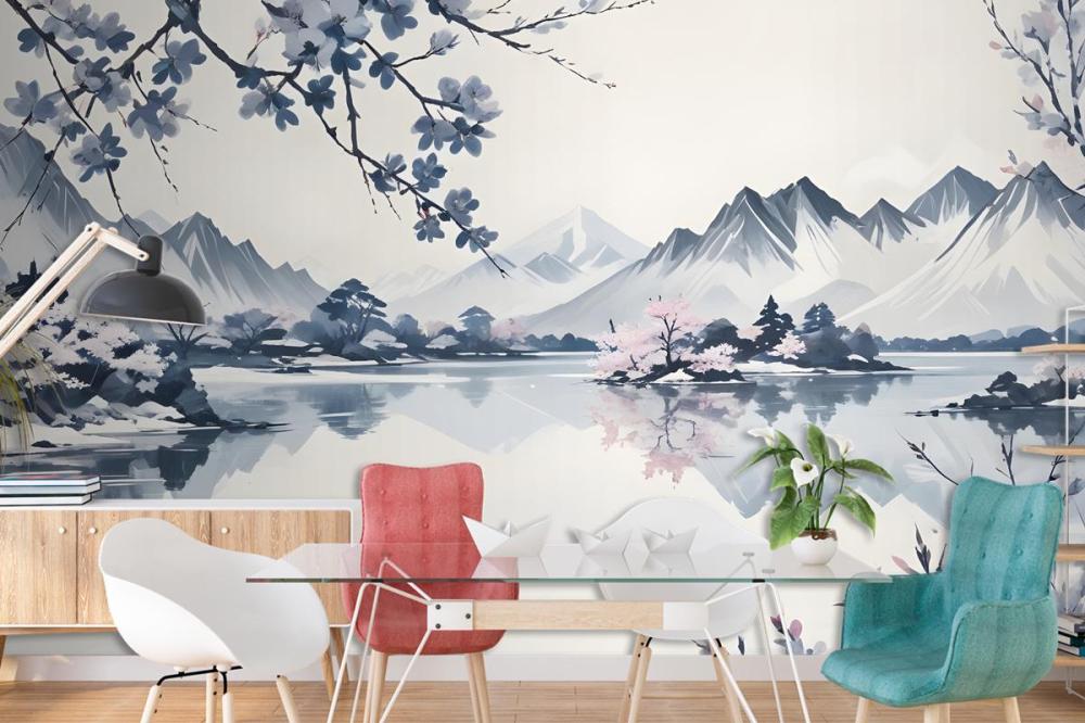 Serene Landscape With Snowcapped Mountains Reflected In A Calm Lake Wallpaper Mural