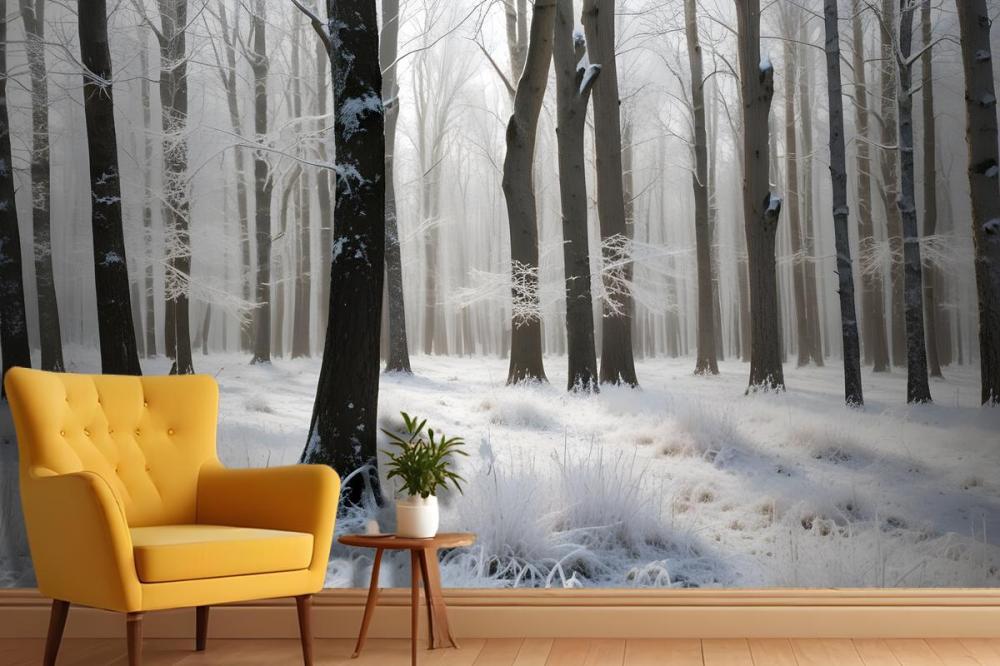 Snowy Forest With Tall Bare Trees And A Layer Of Frost Covering The Ground Wallpaper Mural