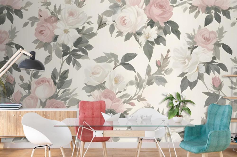 Soft Muted Floral Pattern Large Pink White Flowers Rose Green Leaves Wallpaper Mural