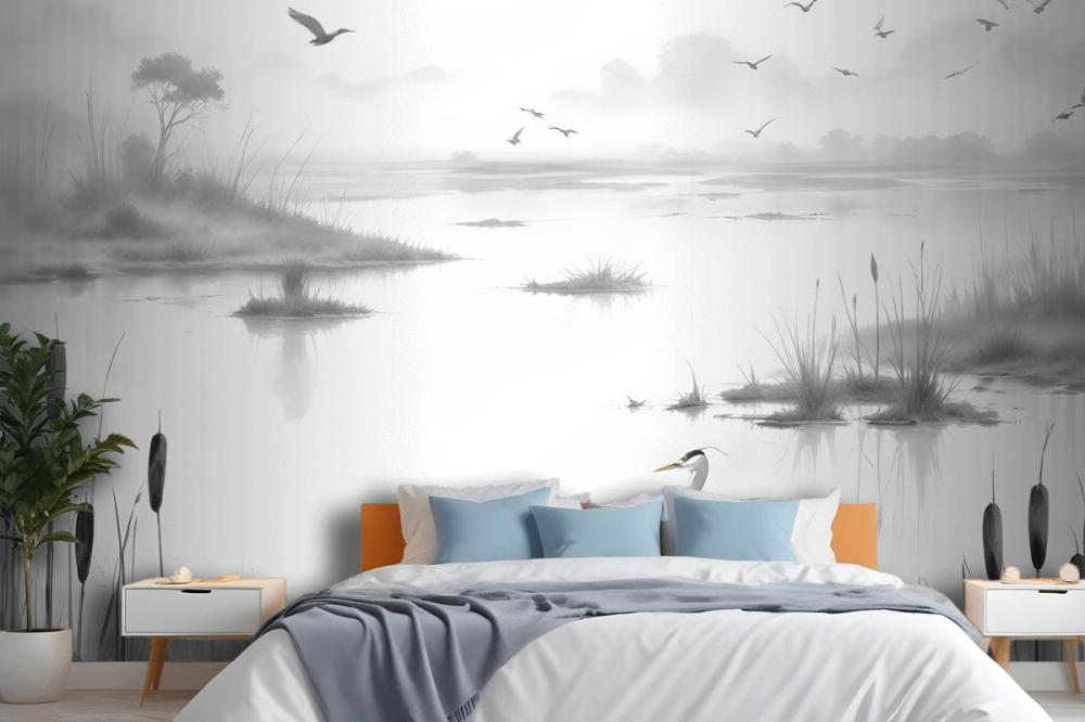 Traditional Chinese Black & White Ink Lake Wallpaper Mural