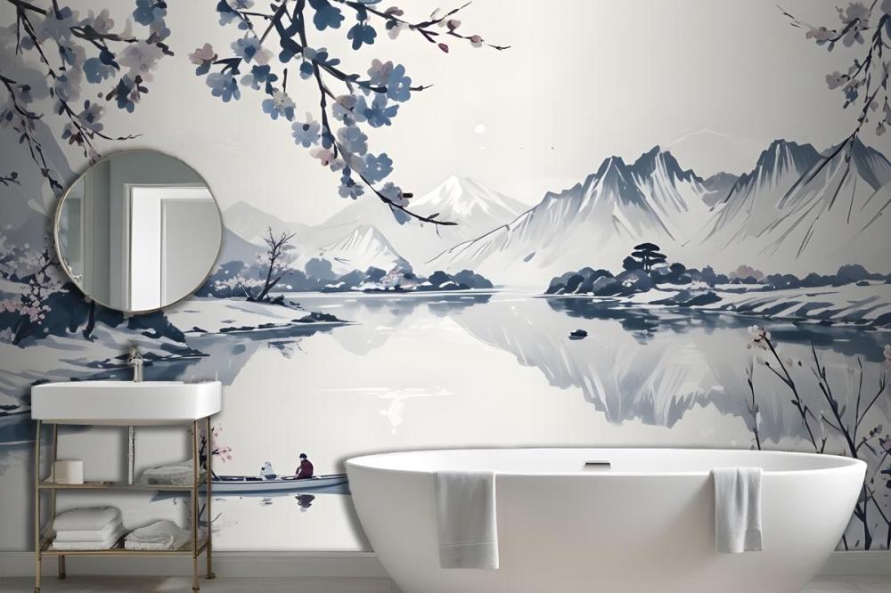 Traditional Chinese Willow & Mountain Ink Wallpaper Mural