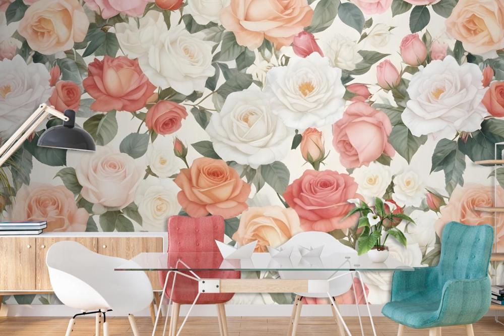 Vibrant Floral Pattern Featuring Various Types Of Pink, White, And Peach Roses Wallpaper Mural