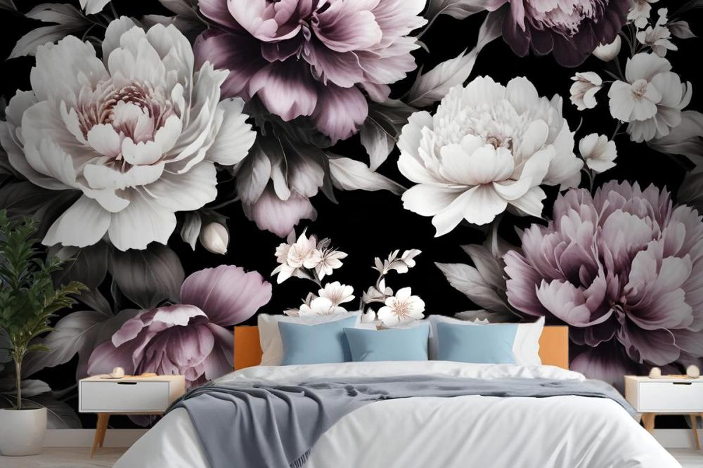 Vintage Dark Large Peony Flower  Bedroom Wallpaper Mural
