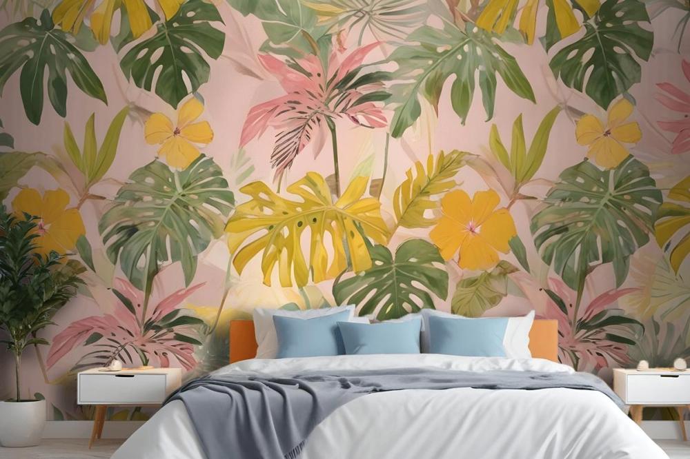 Watercolor Colorful Summer Tropical Leaf Wallpaper Mural