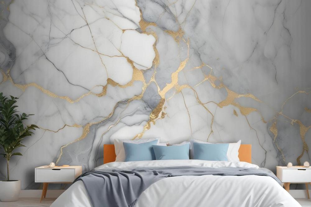 White And Gray Marble Texture With Golden Veins Wallpaper Mural