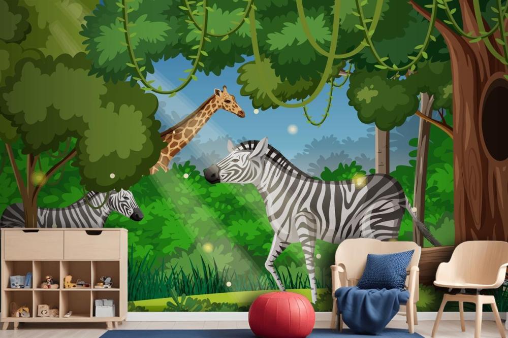 Wild Animals In Forest Landscape Wallpaper Mural