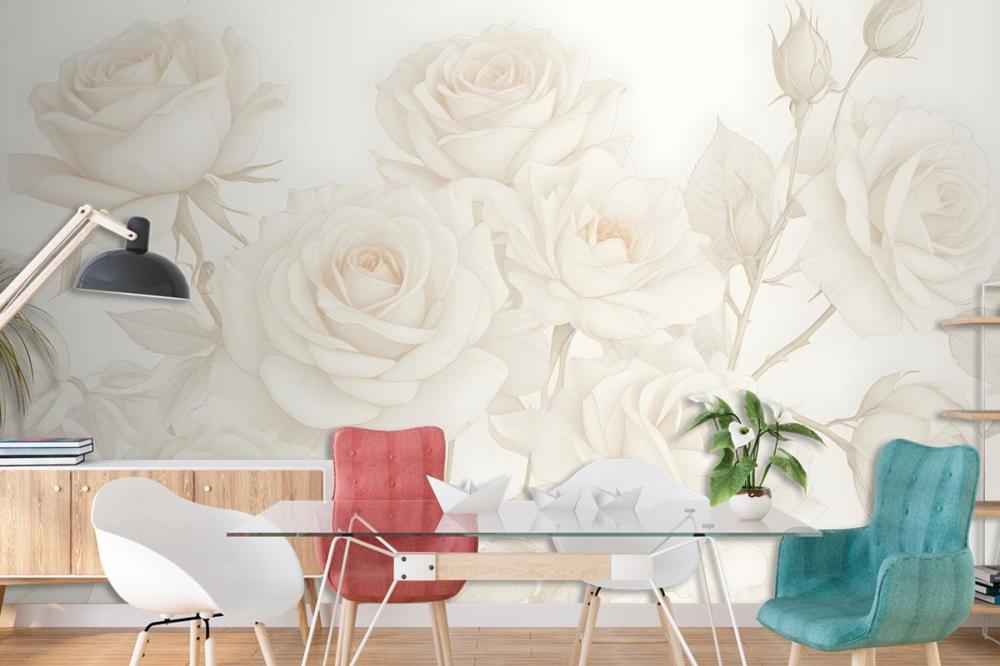 Yellow Large Illustrated Roses Wallpaper Mural