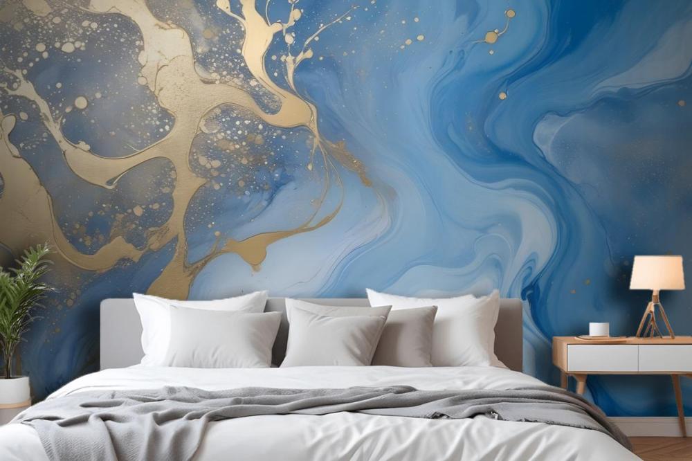 Abstract Blue And Gold Fluid Art Painting Bedroom Wallpaper Mural