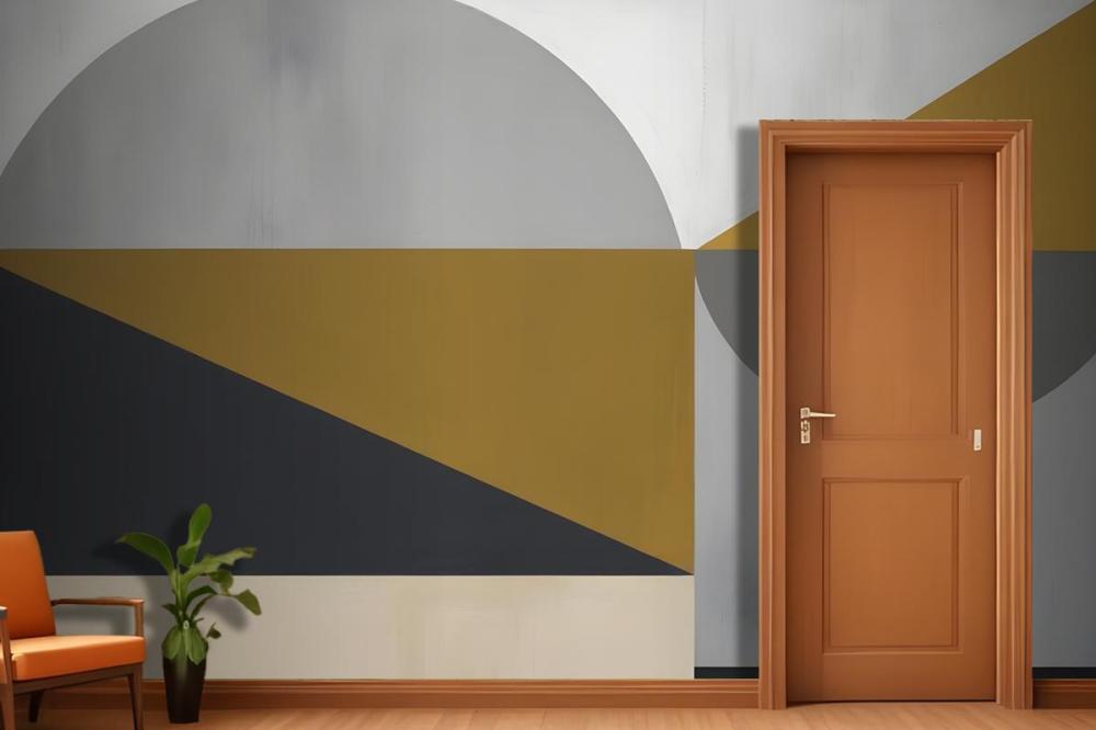 Abstract Geometric Shapes In Shades Of Gray Yellow And Black Wallpaper Mural