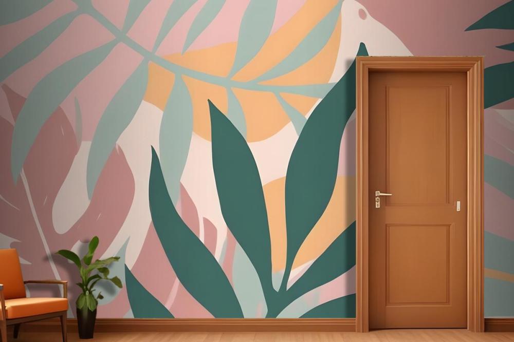 Abstract Tropical Leaves And Shapes In Pastel Colors On A Pink Wallpaper Mural