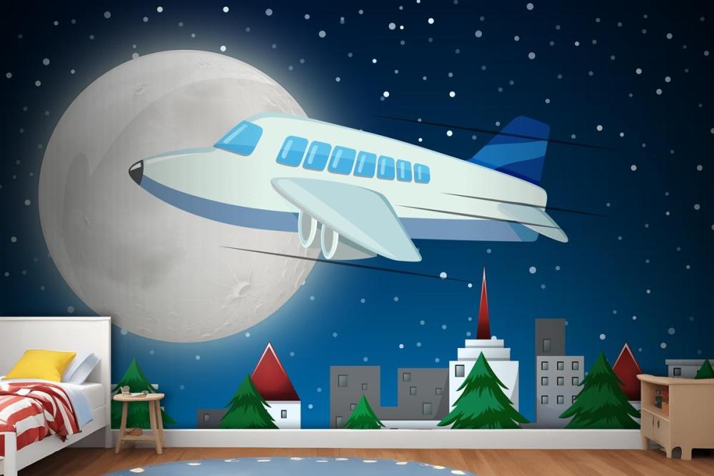 Airplane Flying Over Sky At Night Wallpaper Mural