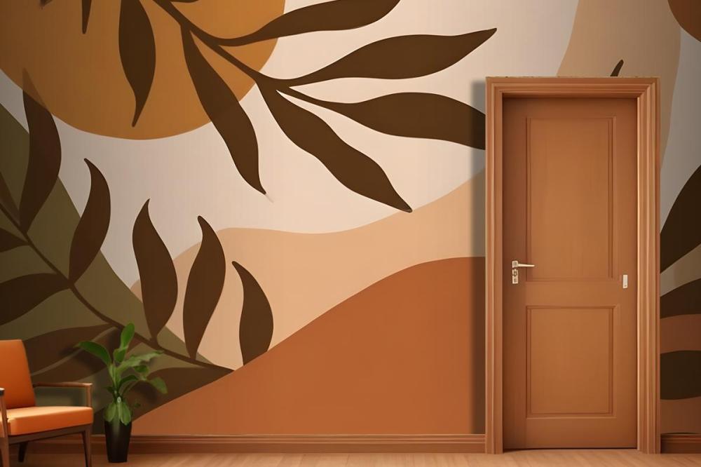 Autumn Leaves In Warm Colors Against A Beige Wallpaper Mural