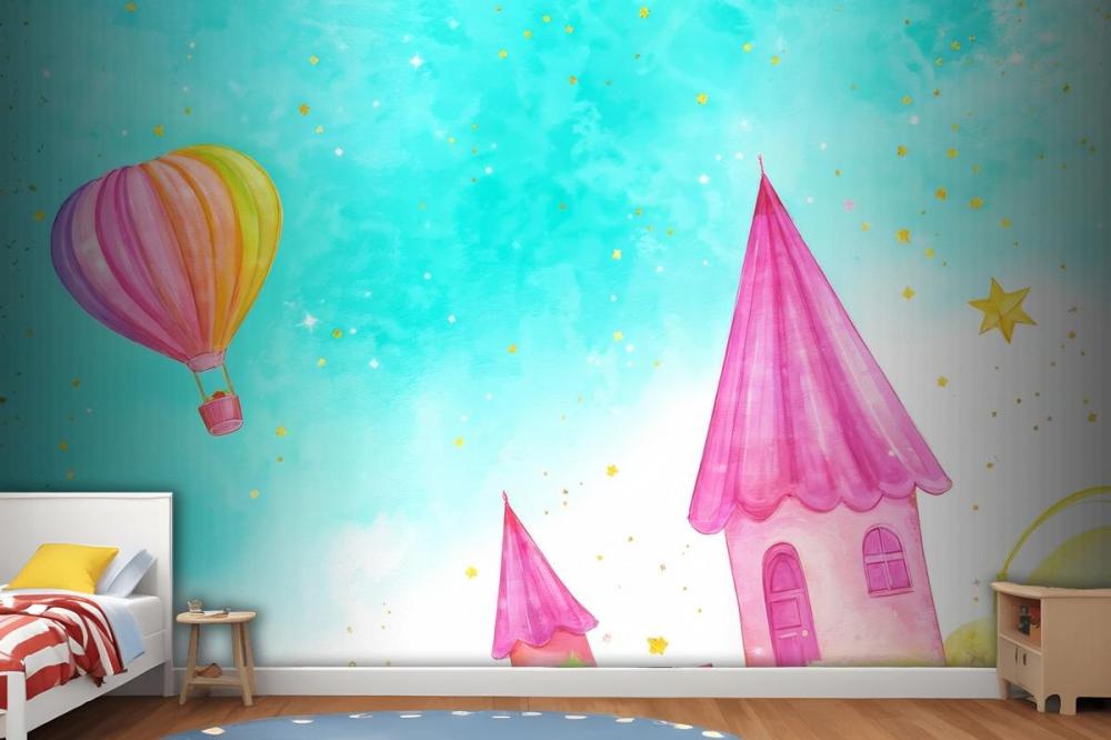 Balloon With A Flying Fairytale Watercolor Wallpaper Mural