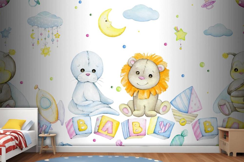 Bee Lion Seal Cubes With Letters Moon Stars Clouds Wallpaper Mural