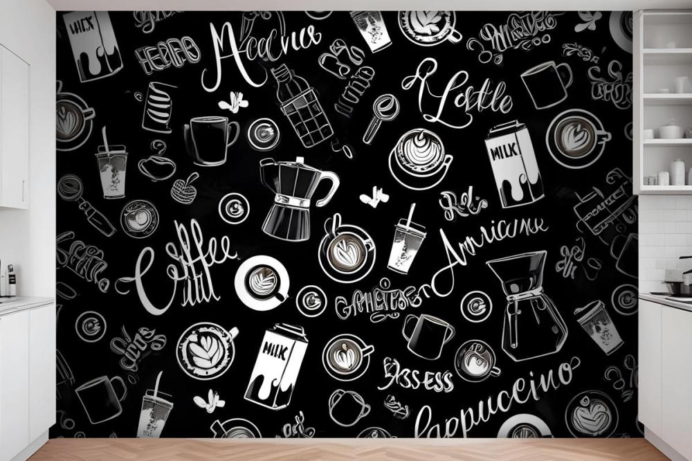 Black & White Coffee Cup Pattern Wallpaper Mural