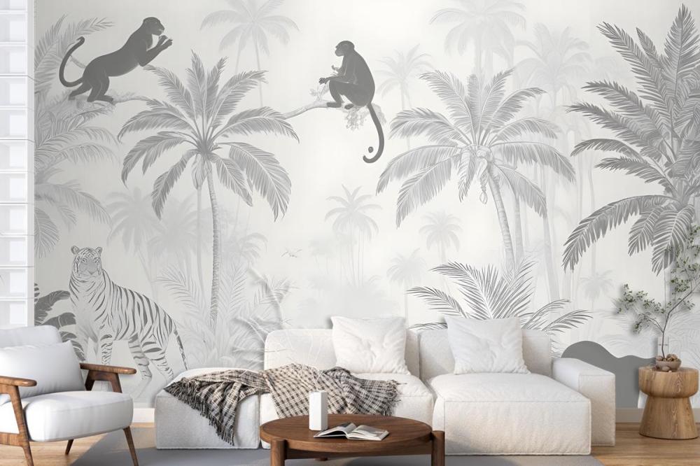 Black And White Jungle Palm Trees Flowers Animal Silhouettes Wallpaper Mural